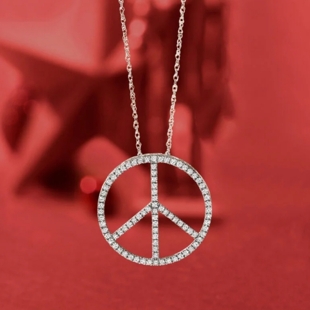 14kt White Gold Diamond Peace Sign Necklace